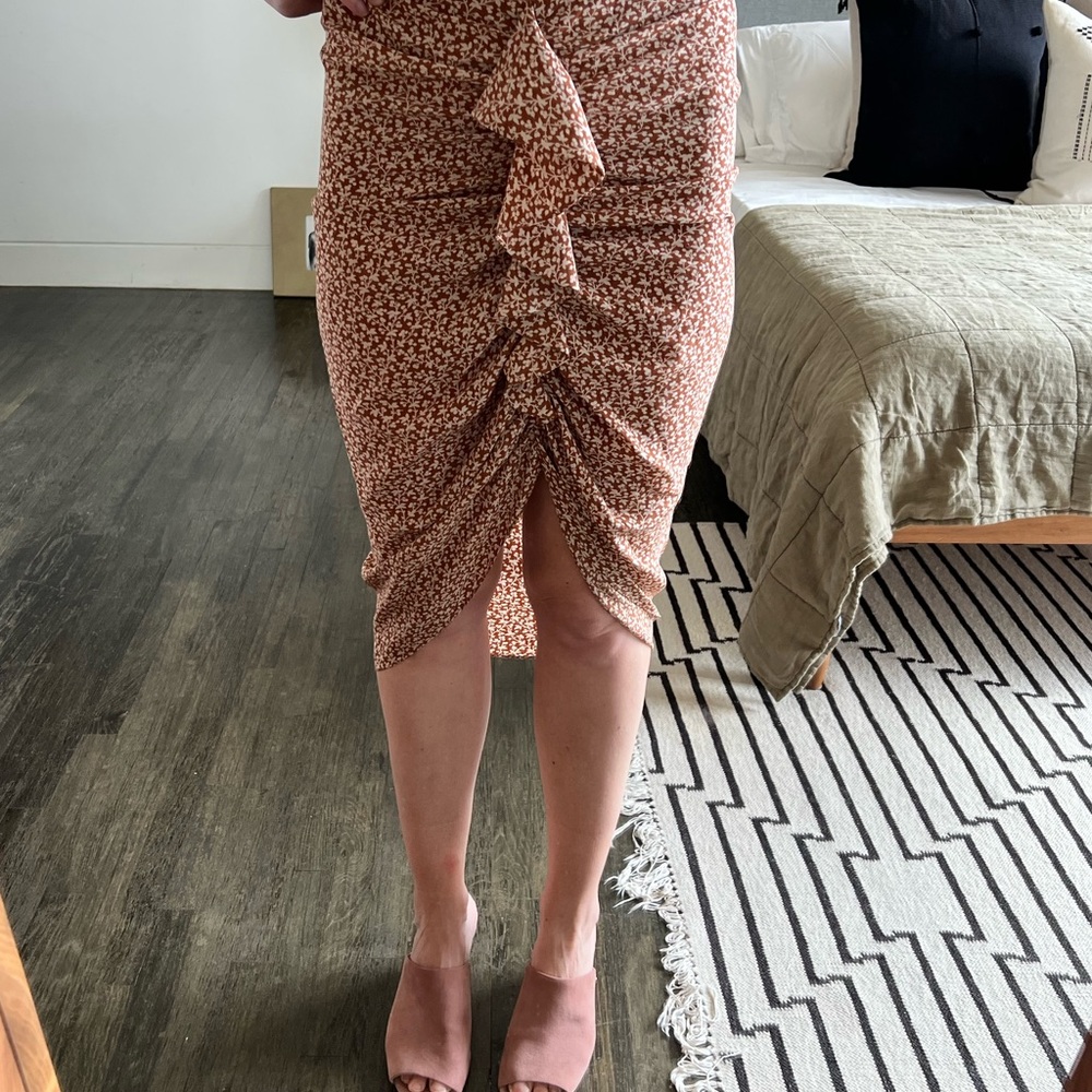 Ruched Front Floral Midi Skirt - Rust Floral